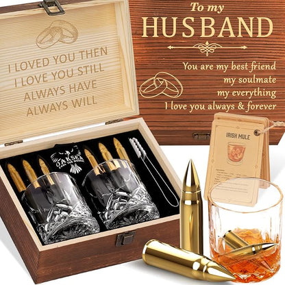Oaksea for Him - Stainless Steel Engraved Whiskey Stones Glasses Set, Birthday by Oaksea