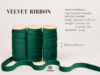 Vitalizart Green Velvet Ribbon Set 3/8" x 15 Yd Wooden Spool Fabric Trim 3 - Image 2