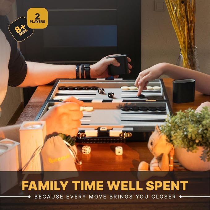 Backgammon Sets for Adults – 15-Inch Black PU Leather Board Game Set – Classic - Image 8