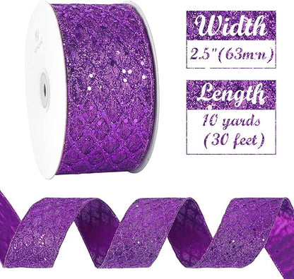 HUIHUANG Purple Wired Ribbon for Christmas Tree 2.5 inch Purple Glitter Diamond - Image 3