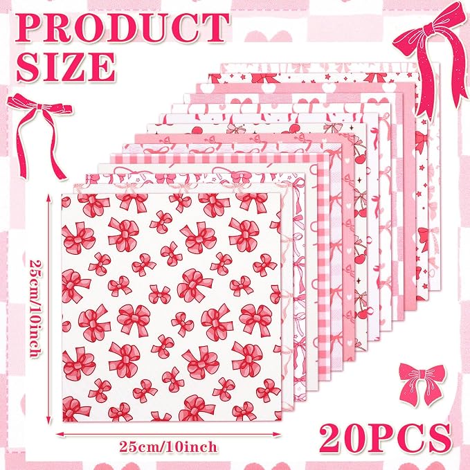Ganeen 60 Pcs 10 x 10 Inch Pink Bows Quilting Fabric Squares Coquette Pink Bow - Image 2