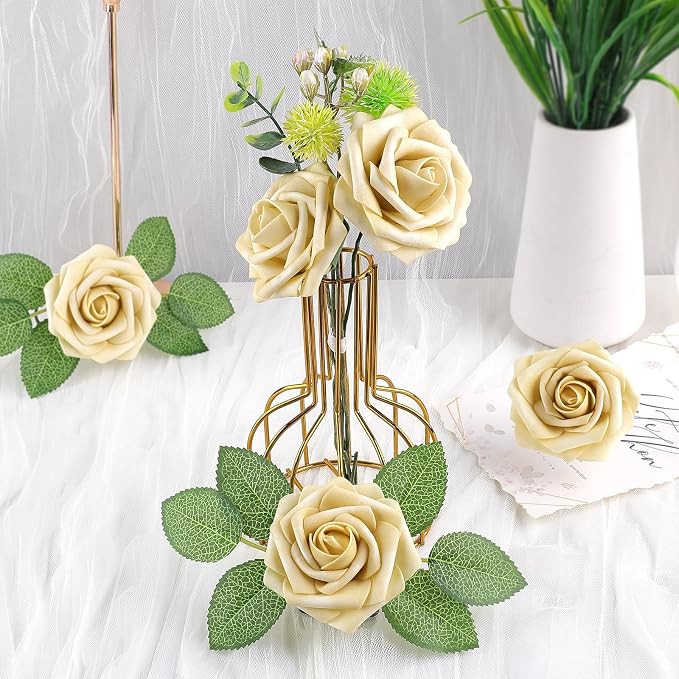 AmyHomie 25pcs Real Looking Artificial Beige Roses w/Stem - Image 5