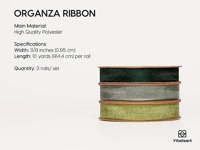Vitalizart 3/8" x 30Yd Organza Ribbon Green Sheer Ribbons Set 10 Yd x 3 Rolls - Image 2