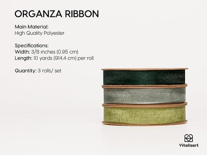 Vitalizart 3/8" x 30Yd Organza Ribbon Green Sheer Ribbons Set 10 Yd x 3 Rolls - Image 2