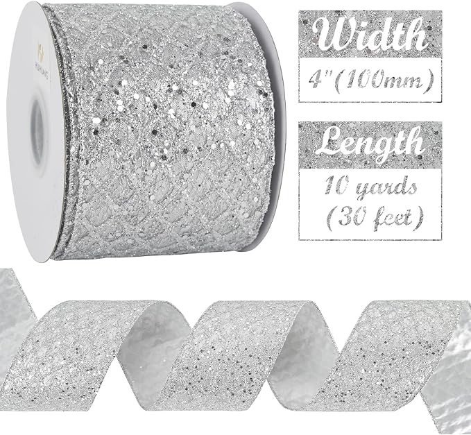 HUIHUANG Silver Christmas Ribbon 4 inch Silver Glitter Wired Ribbon Diamond - Image 3