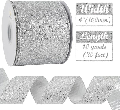 HUIHUANG Silver Christmas Ribbon 4 inch Silver Glitter Wired Ribbon Diamond - Image 3