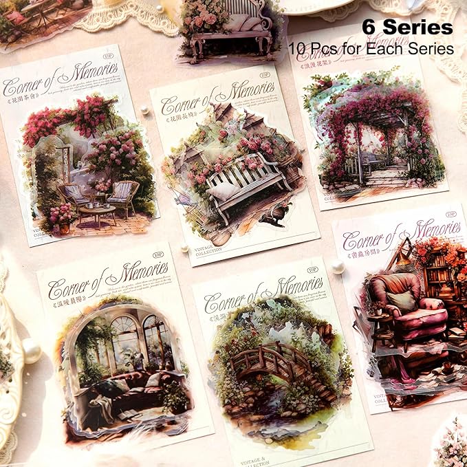 60Pcs PET Scrapbook Stickers, Vintage Aesthetic Designs - Image 2