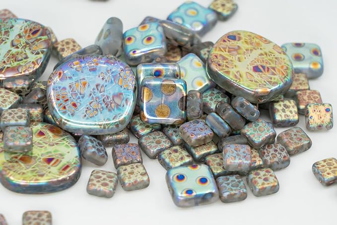1.75 oz Mix of Unique Czech Bohemia Glass Pressed Beads, Light Blue AB Sliperit - Image 4