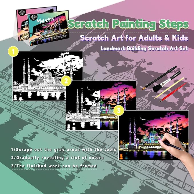 Scratch Art Painting Kit for Adults-8 Sheets A4 Rainbow Scratch Painting Paper - Image 3