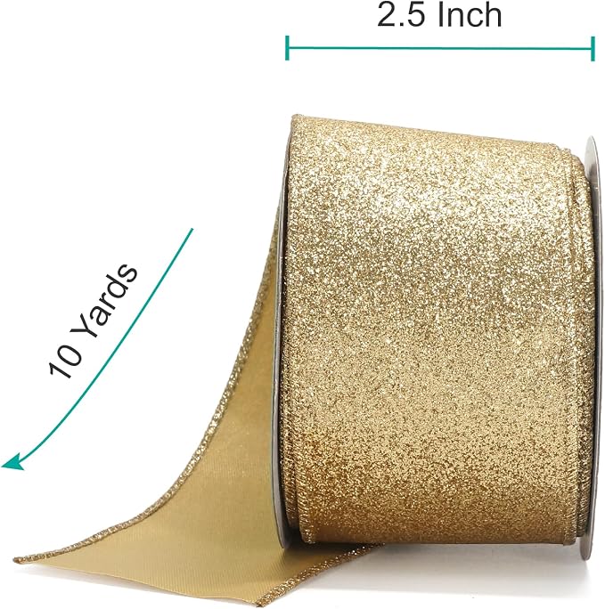 CT CRAFT LLC Glitter Wired Ribbon 2.5" x 10 Yards Light Gold - Image 2