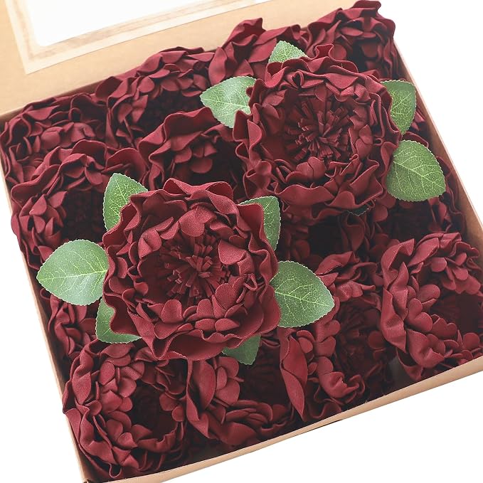 Floroom Artificial Flowers 16pcs 4" Burgundy Blooming Peonies Real Looking Foam by Floroom