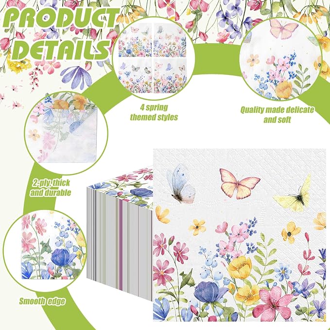 Fulmoon 200 Pieces Summer Floral Cocktail Napkins Disposable Wildflower Dessert - Image 4