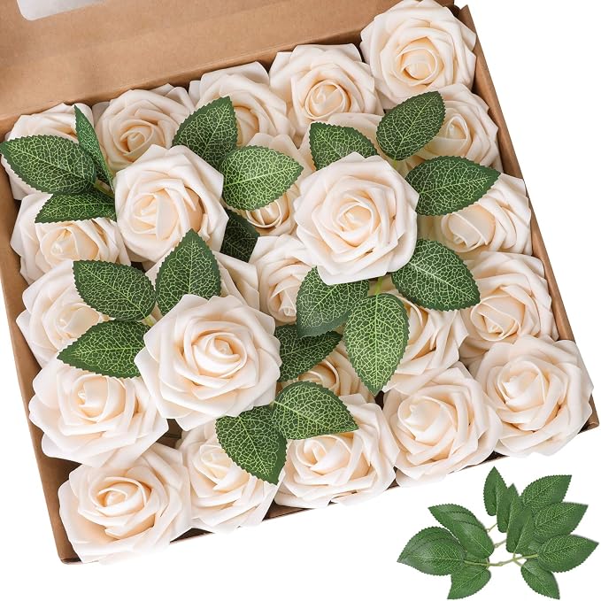 AmyHomie Artificial Flowers Champagne Rose 50pcs Real Looking Fake Roses w/Stem by AmyHomie