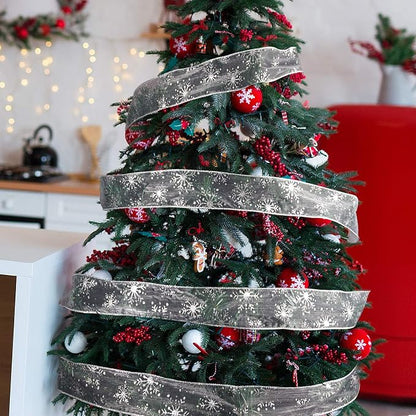 2.5 Inch Wide Christmas Wired Ribbon Snowflake Organza Sheer Glitter Ribbon - Image 7