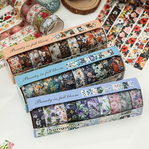10 Rolls Blooming Flowers Washi Tape Set Floral Arts Adhesive Tapes Colorful - Image 4
