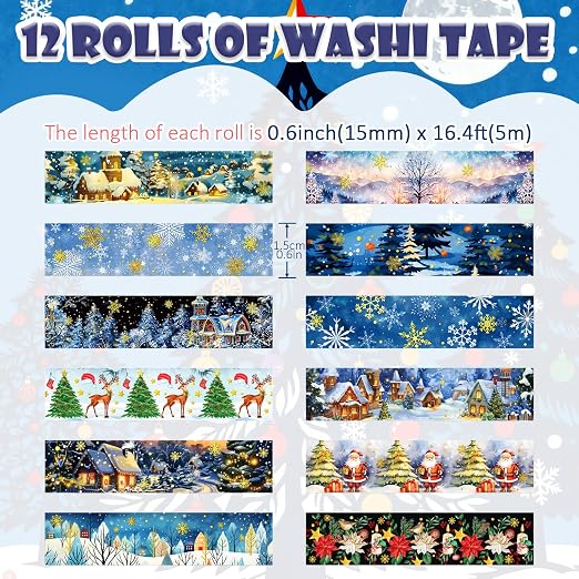 12 Rolls Christmas Washi Tapes, Christmas Tree Snowflakes Santa Claus Masking - Image 2