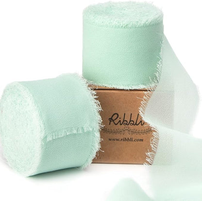 Ribbli Mint Green Chiffon Ribbon 1-1/2 inch x 20 Yard Handmade Fringe Chiffon by Ribbli