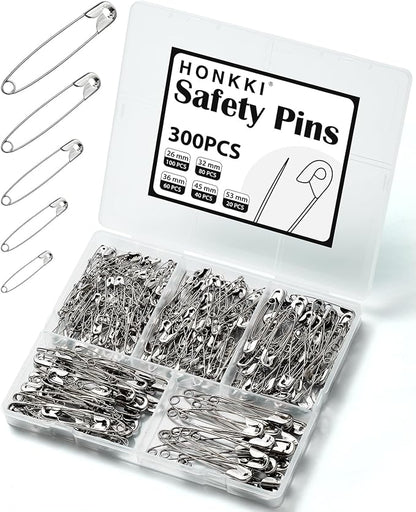 Silver Safety Pins 300 PCS, 5 Assorted Sizes of Durable, Small and Large Safety by HONKKI