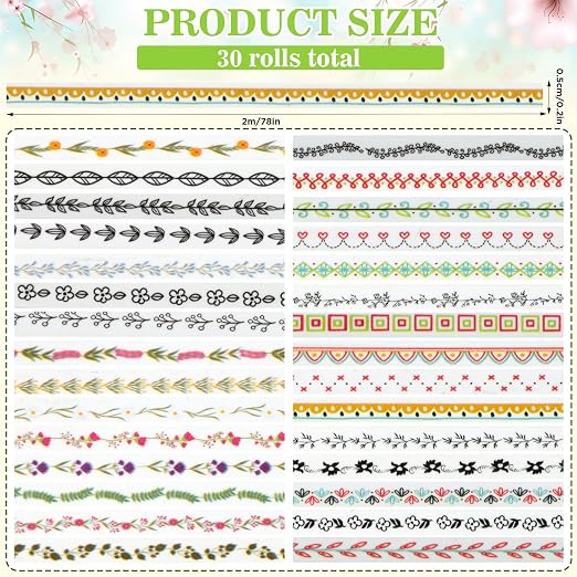 EORTA 30 Rolls Floral Washi Tapes Set, Slim 5mm Plants Masking Tape, Decorative - Image 3