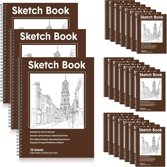 Qilery 24 Pcs 8.5 x 11'' Sketch Book Pads Bulk 30 Sheets Each Spiral Sketchbook by Qilery