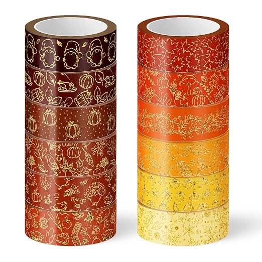 Whaline 12 Rolls Fall Washi Tapes Foil Gold Decorative Tape Autumn Gnome by Whaline