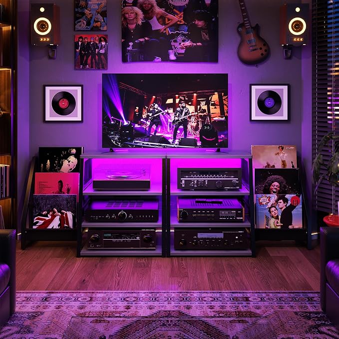 AV Media Stand with Outlets, Stereo Stands and Racks with Vinyl Storage - Image 9