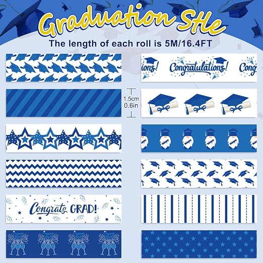 Whaline 12 Rolls Graduation Washi Tape Blue White Congrats Grad Washi Masking - Image 2