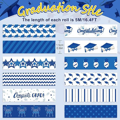 Whaline 12 Rolls Graduation Washi Tape Blue White Congrats Grad Washi Masking - Image 2