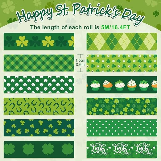 Whaline 12 Rolls St. Patrick's Day Washi Tape Green Shamrock Washi Masking Tape - Image 2