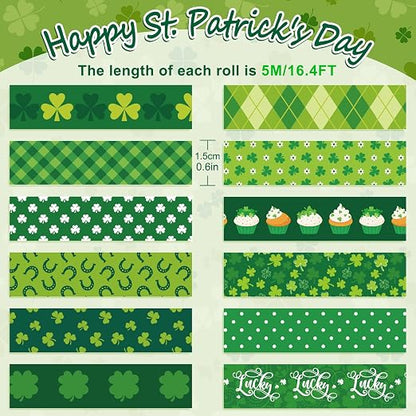 Whaline 12 Rolls St. Patrick's Day Washi Tape Green Shamrock Washi Masking Tape - Image 2