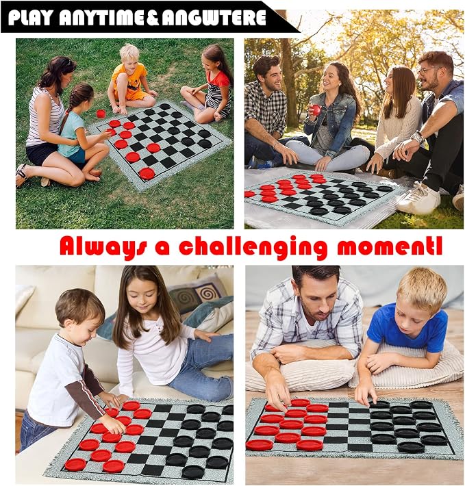 Giant Checkers Board Game Set, 3 in 1 Tic Tac Toe Board Draughts Reversible Rug - Image 3