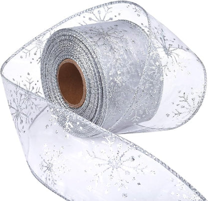 2.5 Inch Wide Christmas Wired Ribbon Snowflake Organza Sheer Glitter Ribbon by Livder