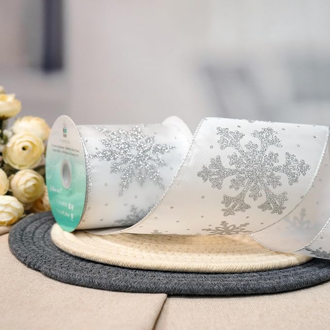 CT CRAFT LLC White Satin with Silver Snowflake Wired Ribbon 4 Inch x 10 Yards - Image 4