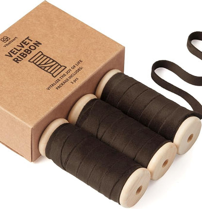 Vitalizart Brown Velvet Ribbon Set 3/8" x 15 Yd Wooden Spool Fabric Trim 3 by Vitalizart