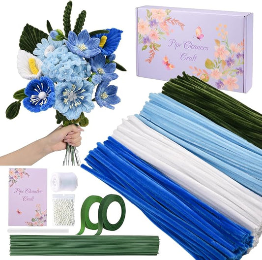 400 Pcs Pipe Cleaners Craft Set, 4 Assorted Blue Pipe Cleaners Bulk, Chenille by Unknown