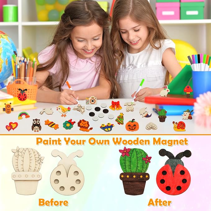 Worgree 48 Pcs DIY Wooden Magnets, Wooden Art Craft Supplies Painting Kit - Image 3