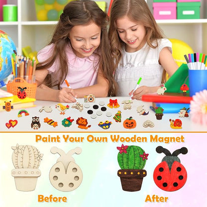 Worgree 48 Pcs DIY Wooden Magnets, Wooden Art Craft Supplies Painting Kit - Image 3