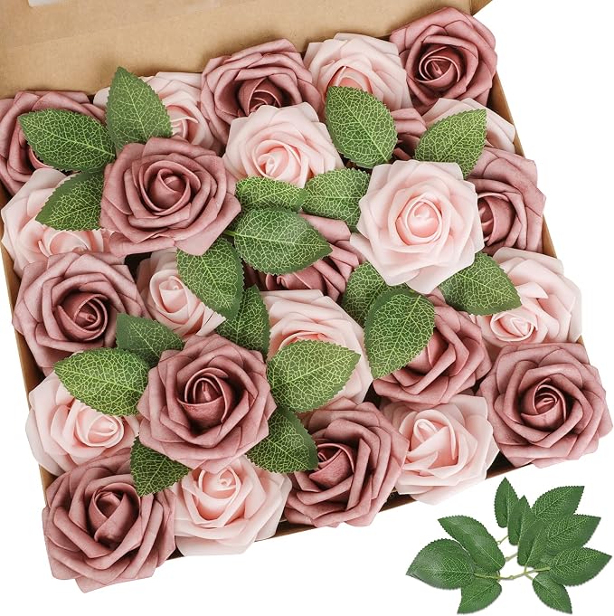 AmyHomie Artificial Flower Warm Taupe & Nude Rose 25pcs Real Looking Fake Roses by AmyHomie
