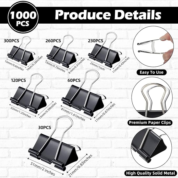 Yexiya 1000 Pcs Binder Clips Bulk Assorted Sizes Black Paper Clips Small Binder - Image 2