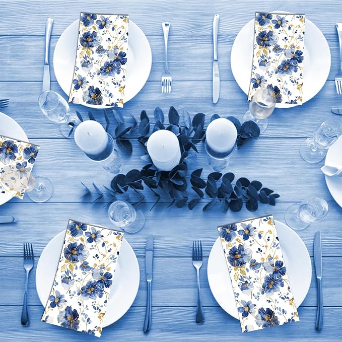 60 Pack 3 Styles Blue Floral Napkins - Image 3