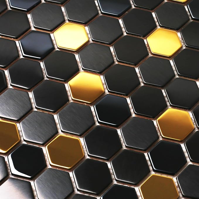 Blujellyfish Black and Gold Backsplash Wall Tiles Hexagon Mosaic Shower Floor - Image 6