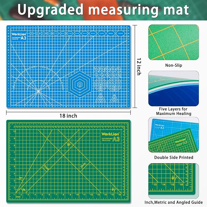 WORKLION 12" x 18" Art Self Healing PVC Cutting Mat, Double Sided, Gridded - Image 2