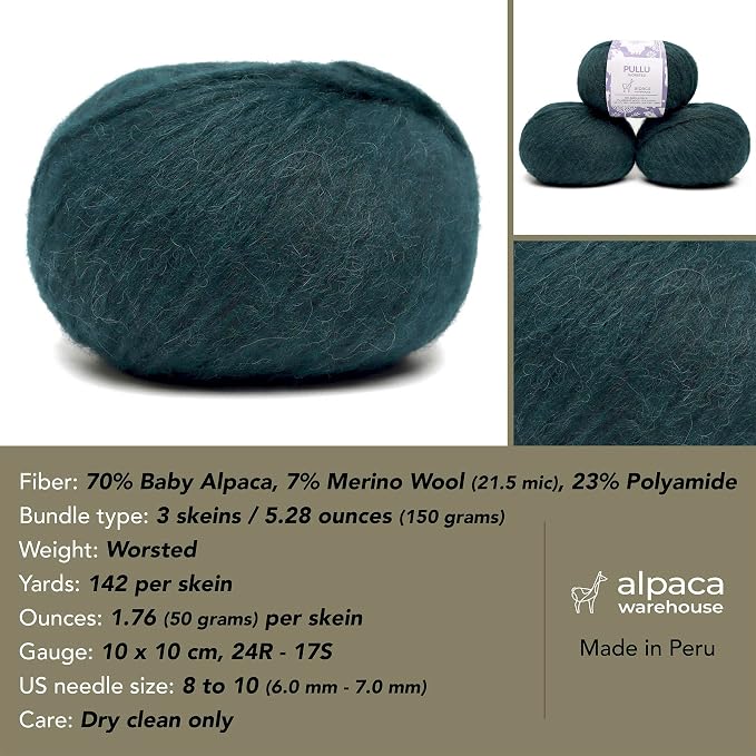 Pullu - Baby Alpaca Merino Wool Yarn Set of 3 Skeins Worsted Weight - Sourced - Image 3