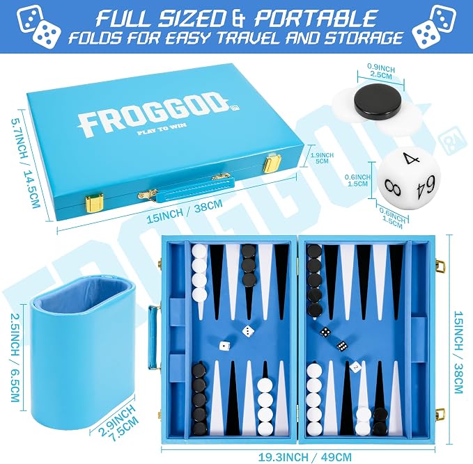Froggod Travel Backgammon Sets for Adults – 15 Inch Premium Backgammon Set – PU - Image 2