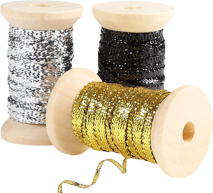 Gold&Silver Set Thin Ribbon 1/8 inch Metallic Braided Double Faced Ribbons by Unknown
