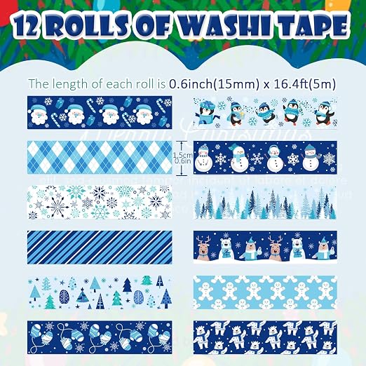 12 Rolls Winter Washi Tape Set Blue White Snowflake Snowman Holiday Masking - Image 2