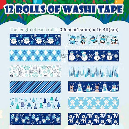 12 Rolls Winter Washi Tape Set Blue White Snowflake Snowman Holiday Masking - Image 2