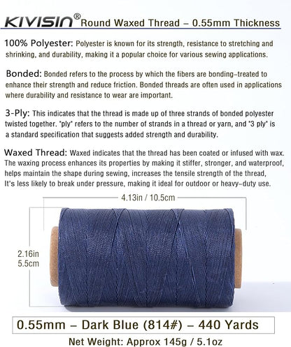 Round Waxed Polyester Thread 0.55mm, 440 Yards, Dark Blue, Stiff 3 Ply Leather - Image 2