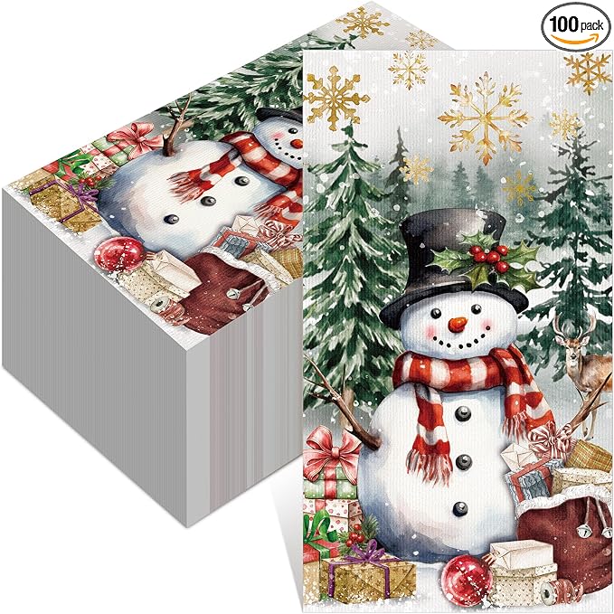 100 Pcs Christmas Guest Napkins 2 Ply Snowman Disposable Paper Napkins by Janlaugh