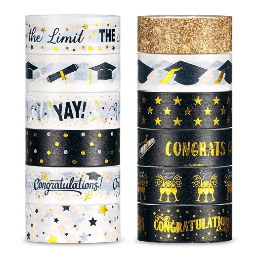 Whaline 12 Rolls Graduation Washi Tape Black Foil Gold 2025 Grad Washi Masking by Whaline